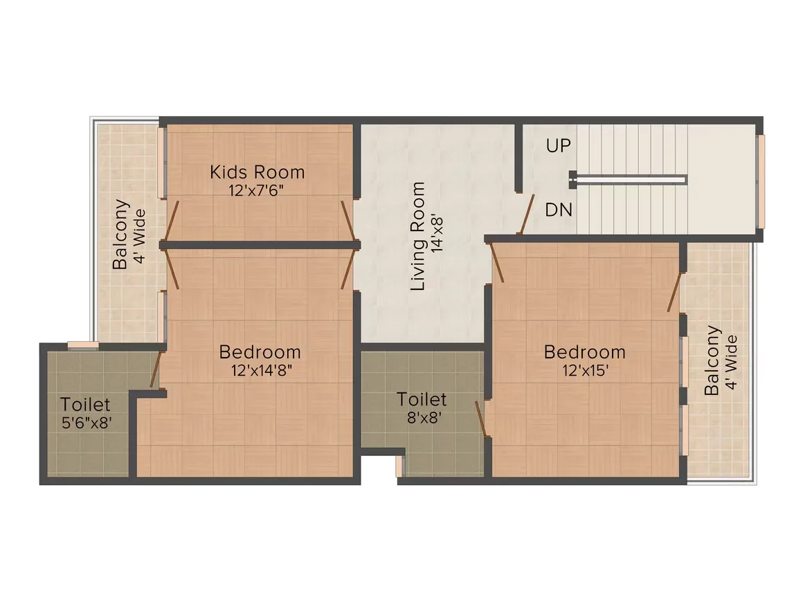 Supertech Holiday Village — Floorplan showing Kids Room, Bedroom, Toilet, Balcony, Living Room and stairs with UP/DN labels