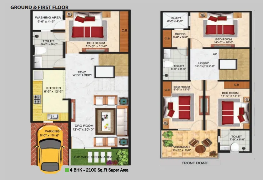 Sindhuja Greens 4 BHK 2100 sq ft villa floor plan across ground and first floor