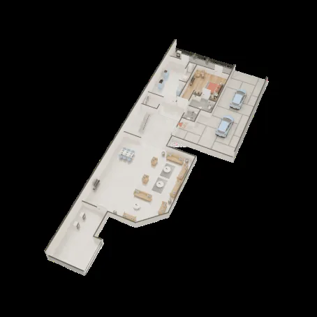 Jaypee Greens Villas — Rendered 3D floor plan showing various rooms, furniture, and two cars parked outside.