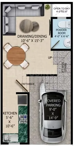 SK Sunshine Villa — Floorplan of a unit showing kitchen, drawing/dining, powder room, covered parking, and stairs to upper floor