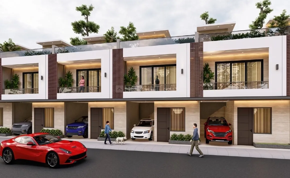 Paradise Gokul Vatika — A row of modern render villas with cars parked in the driveways and people walking on the street.