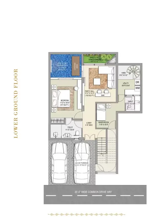 Rise Resort Residence Villa — Floor plan of a lower ground floor with 2 car parking, a bedroom, party hall, maid's room, and a swimming pool.