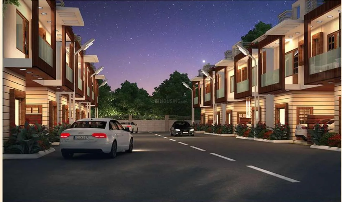 Siddhi Metro Villas — Night view render of a residential villa street with contemporary villas and cars parked in driveways.