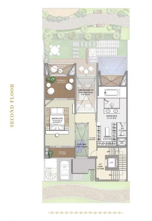 Rise Resort Residence Villa — Floorplan for the second floor of a residential unit, showing living room, master suite, master bath, terraces and lift.