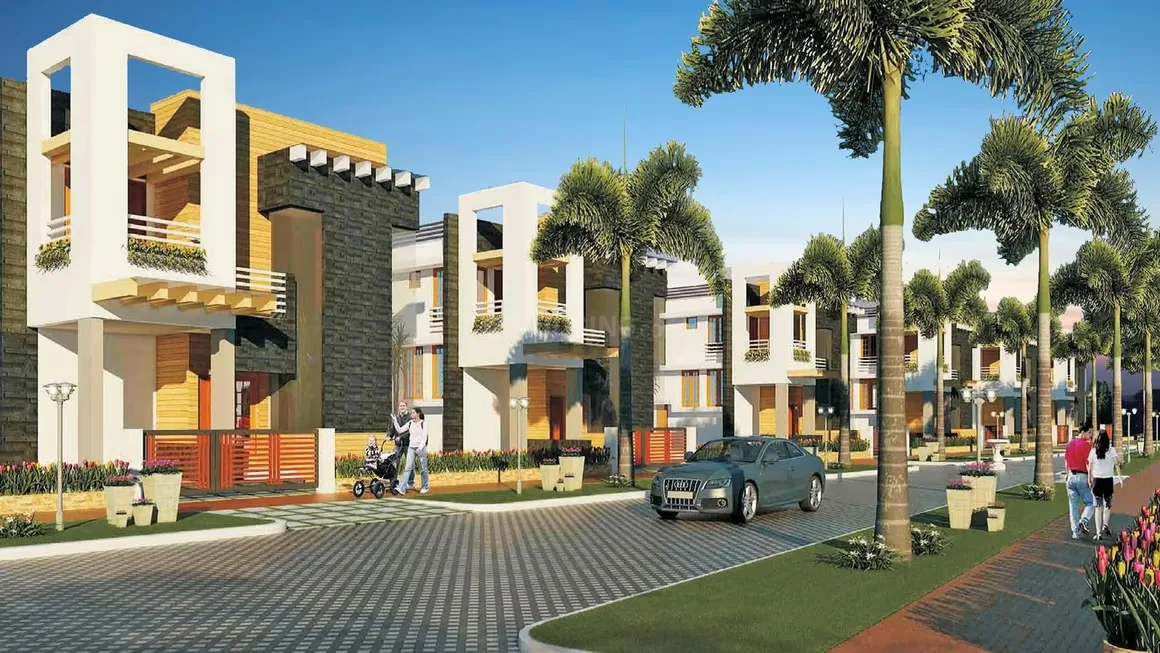 Aadhar Dew Drops Villas — A 3D render of a row of modern residential villas with a car, people and palm trees along the road.