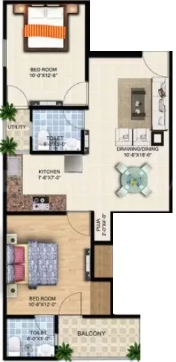 Rudransh Green Vista — Floor plan rendering of a 2-bedroom unit with living, dining, kitchen, utility, two toilets, and a balcony.