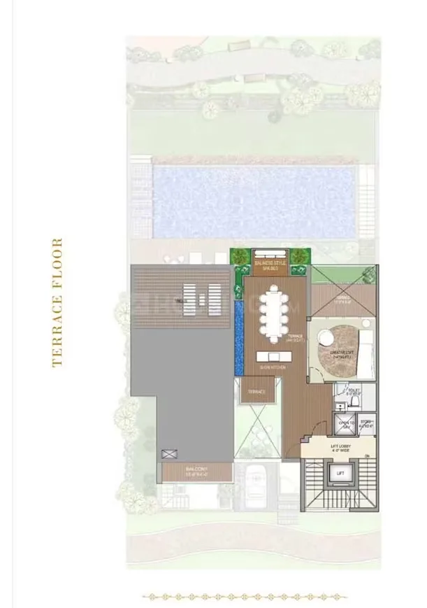 Rise Resort Residence Villa — Floor plan of a villa terrace showing a dining area, lounge, swimming pool, and lift access.