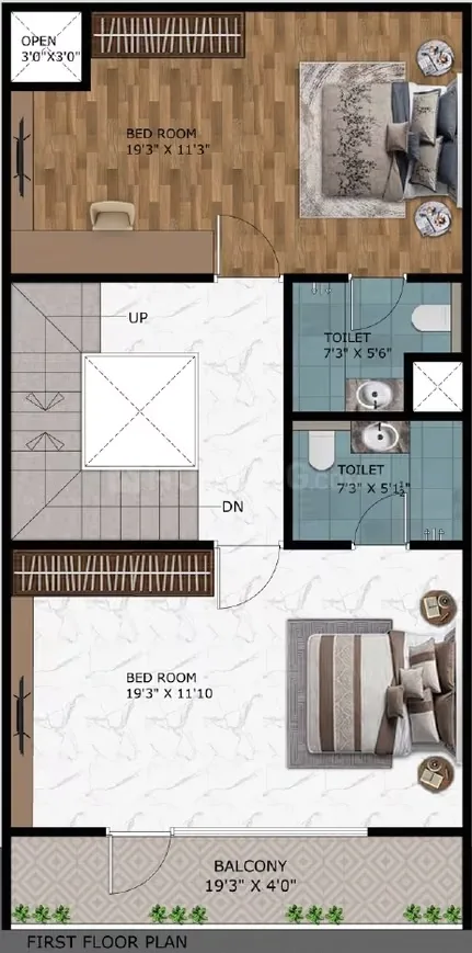 Paradise Gokul Vatika — First floor plan with two bedrooms, two toilets, a balcony, and a stairway indicating 'UP' and 'DN'.