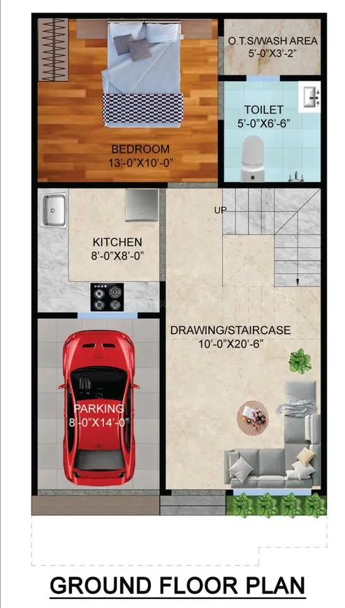 Jamston Metro Villas — Ground floor plan showing a bedroom, wash area, toilet, kitchen, parking, and drawing/staircase area.