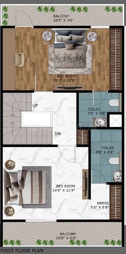 Paradise Gokul Vatika — First floor plan with two bedrooms, two toilets, a dress area, stairs, and two balconies.