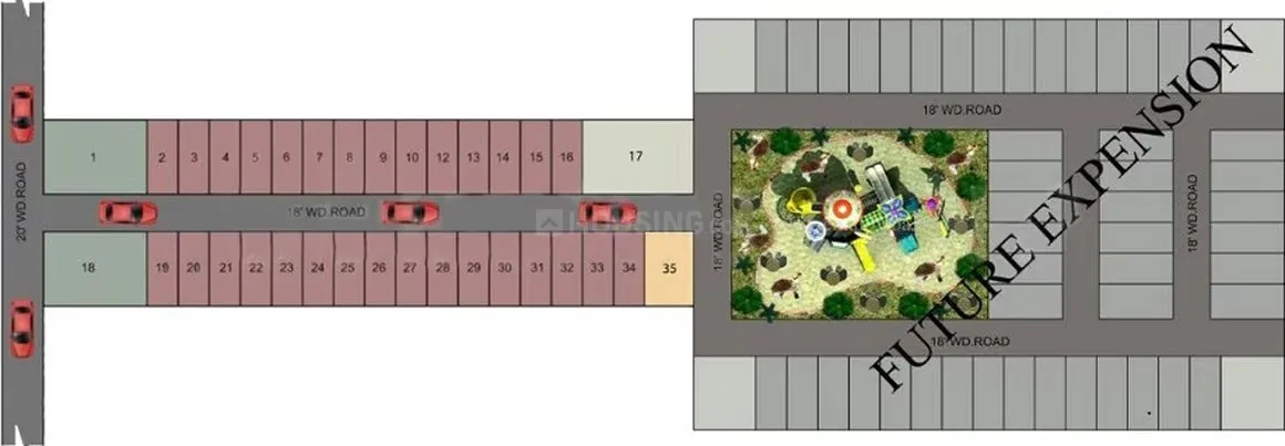 Global Prime Villas — Siteplan of a residential project showing plots, roads, and a children's play area, with a 'Future Expansion' section