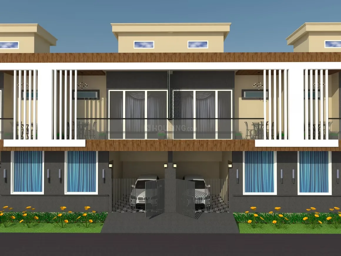 County Villa — A 3D render of two modern villa exteriors with balconies, car parking, and small gardens