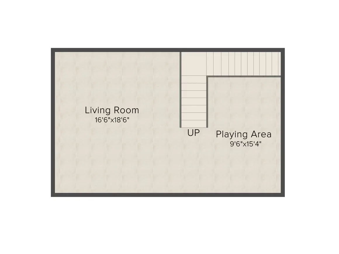 Supertech Holiday Village — Floor plan showing a living room measuring 16'6"x18'6" and a playing area measuring 9'6"x15'4" with stairs leading up