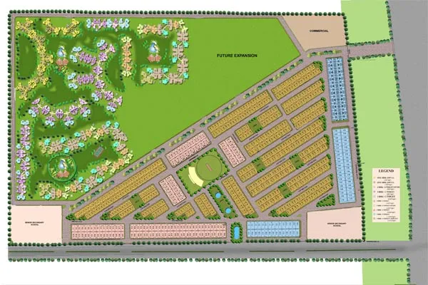 Amrapali Dream Valley township site plan with villa rows, plotted parcels, central green, schools and future expansion area.