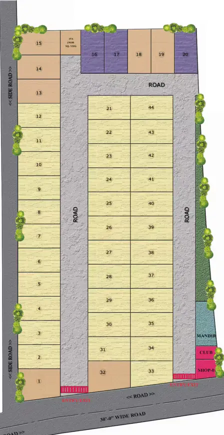 Krishna Orchid Villas site plan showing 44 plots, internal roads and amenity strip