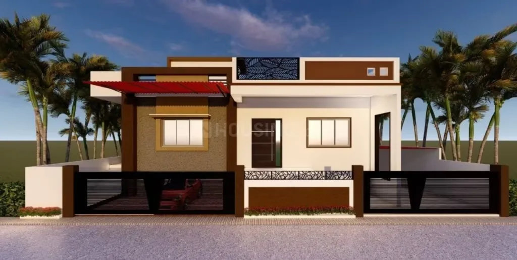 SS Ayodhya Luxury Villa — Front render of a modern single-story villa with brown and cream facade, red awning, and decorative accents.