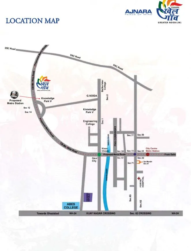 Ajnara Sports City Villas — Location map showing roads, sectors, colleges like ABES, and hospitals, highlighting proximity to a proposed metro station.