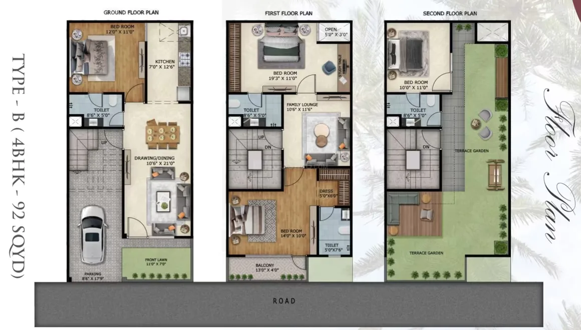 Paradise Palm Villa — Floor plan of a 4BHK unit (Type B - 92 Sq. Yd.) showing ground, first, and second floors.