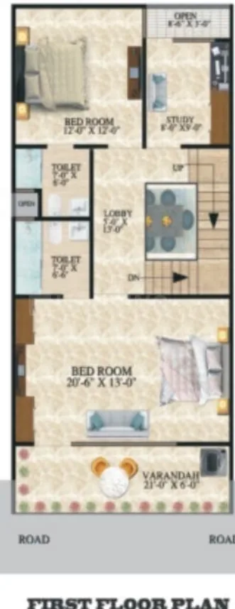 Shivi Paradise Green Villa 2 — Floor plan showing a bedroom, study, toilet, lobby, and verandah with dimensions