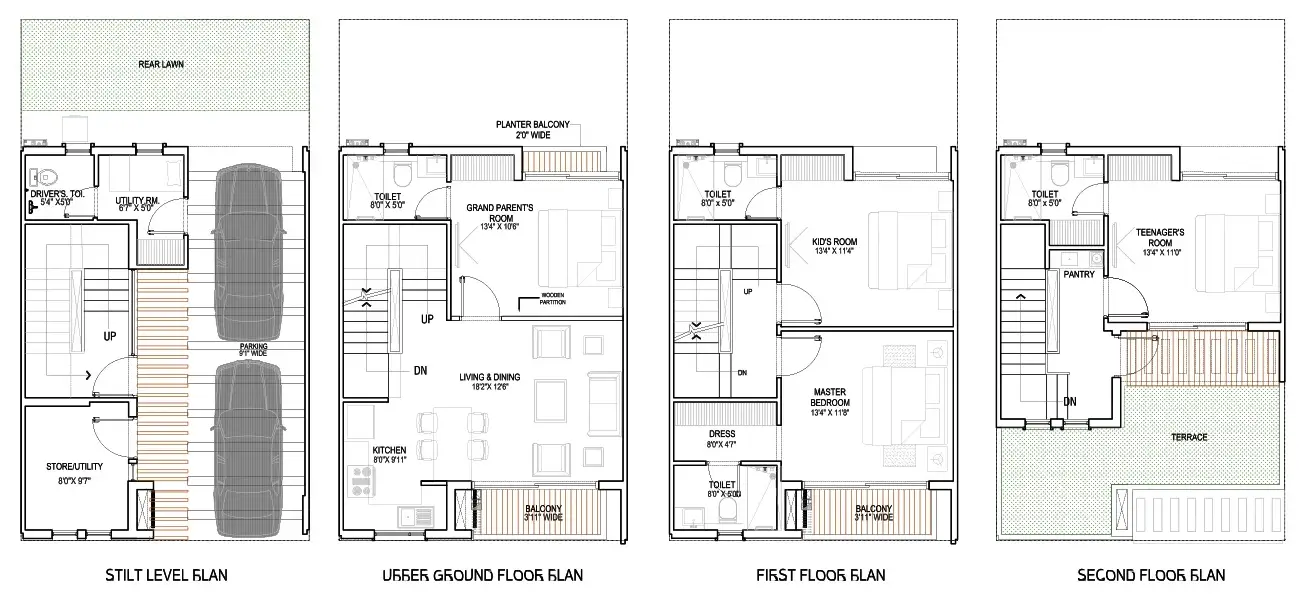 Godrej Crest stilt villa Type B floor plans, compact typology with twin parking and grandparent's room.