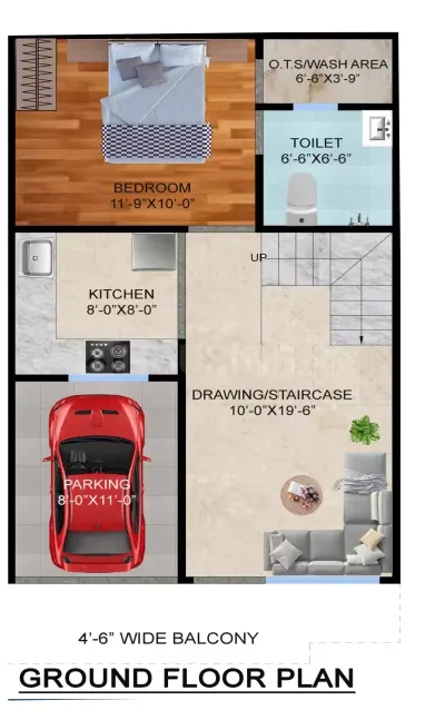 Arsh Green Villa 2 — Ground floor plan showing a bedroom, wash area, toilet, kitchen, parking, drawing area, and staircase.