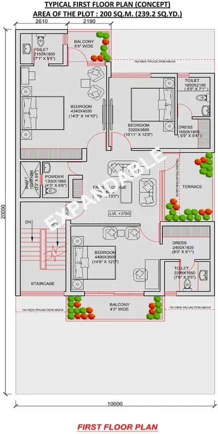 Jaypee Villa Expanza Green Crest Homes — Floor plan drawing showing the layout of the first floor with bedrooms, bathrooms, balconies, staircase, and terrace.