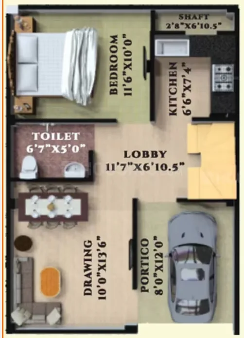 AKJ Real Infra Novel Valley — Floor plan with dimensions for drawing room, portico, toilet, lobby, bedroom, kitchen, and shaft.