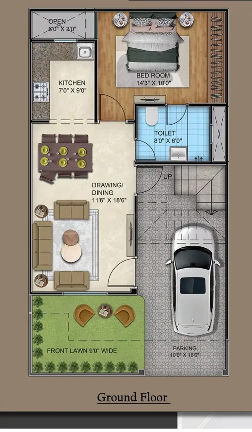 Divine Villas — Ground floor plan showing a kitchen, bedroom, toilet, living/dining area, front lawn, and car parking.