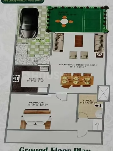 Shri Aroma Villas 2 — Ground floor plan for a villa showing layout with parking, drawing/dining room, kitchen, bedroom, and toilet.
