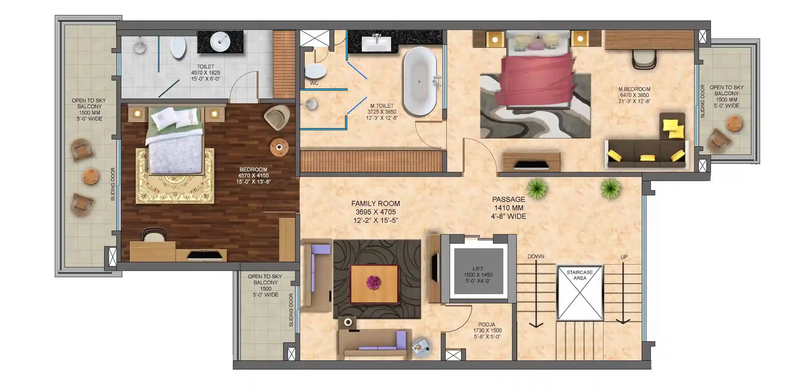 Mahagun Mirabella villa upper residential floor plan with family lounge and bedroom.
