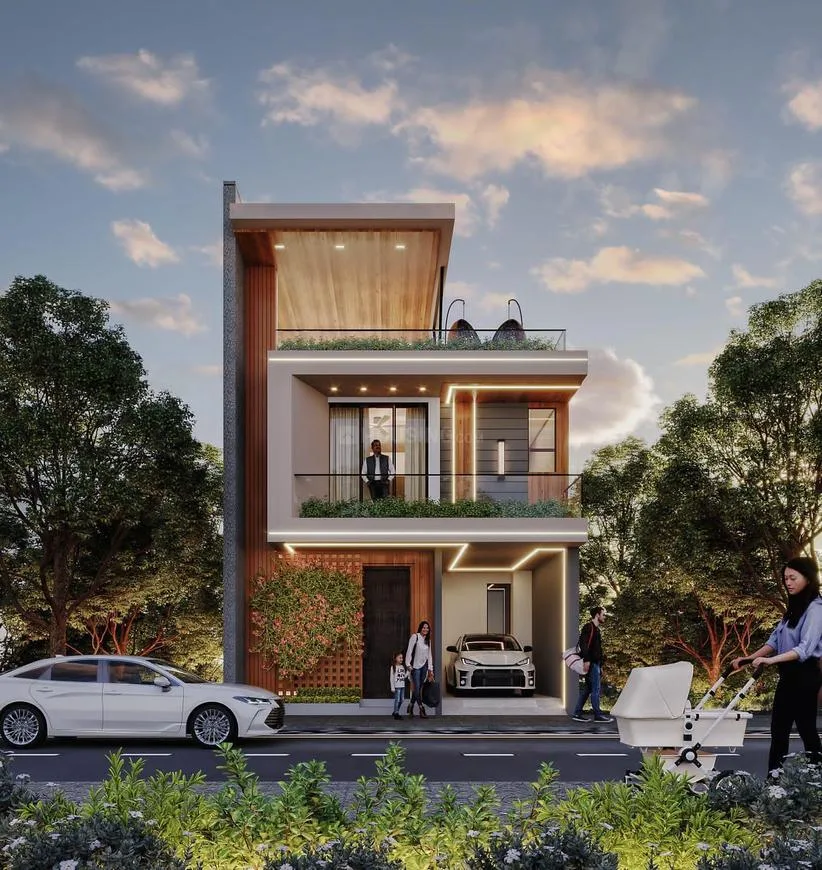 Dream Green Villa 1 — A modern rendered villa with people and cars outside, and trees along the road, under a partly cloudy sky.