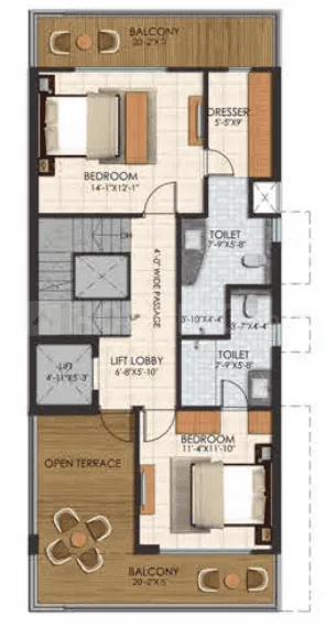 Sunrise Suntwilight Recreational Phase 1 — Floor plan of a villa with two bedrooms, two toilets, a dresser, lift lobby, wide passage, and two balconies.