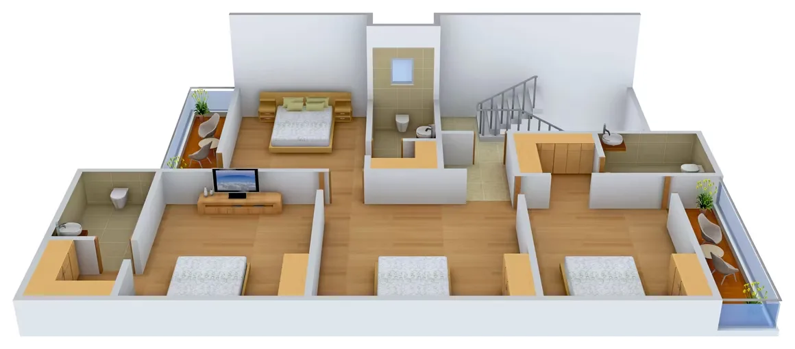 Supertech Holiday Village — 3D render of a floor plan showing two levels with multiple bedrooms, bathrooms, and balconies.