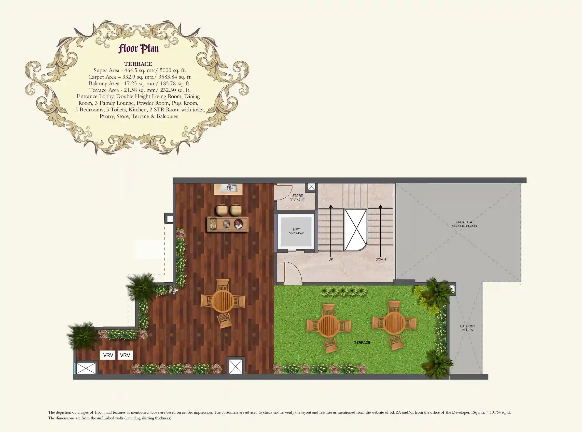 Mahagun Meadows 5000 sq ft villa terrace floor plan with landscaped terrace, deck seating and store.
