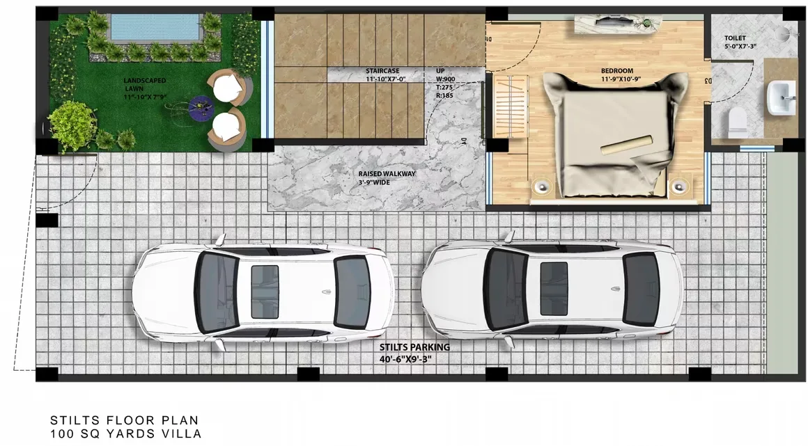 Escon Panache Villas — Floorplan for a 100 sq yards villa, showing stilt parking for two cars, a bedroom, toilet, and a landscaped lawn.