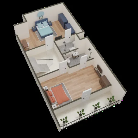 Paradise Krishna Vatika Luxurious Villas — 3D render of a two-story floorplan with bedrooms, bathrooms, and a balcony