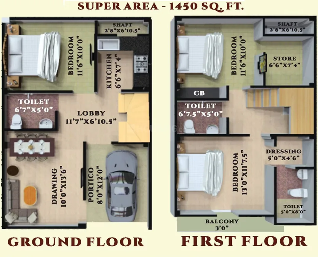 AKJ Real Infra Novel Valley — Floor plan showing ground and first floor layouts for a 1450 sq ft residential unit.