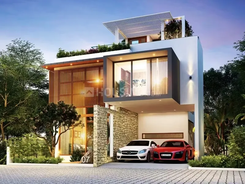 Mudgal Ved Vatika Luxurious Villas — A luxury modern villa render with white and wooden elements, two cars parked in the driveway, and rooftop greenery.