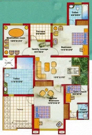 Samiah Media Village — Floor plan with labeled rooms including meditation room, family lounge, master bedroom, bedroom, service room, and toilets.
