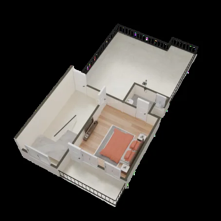 Supertech Holiday Village — 3D floorplan rendering of a unit with a bedroom, stairs, and an outdoor terrace area.