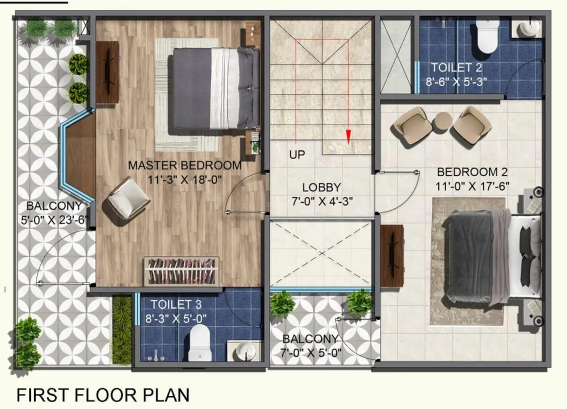 Rohin City Site Villa — First floor plan of a villa showing master bedroom, bedroom 2, two toilets, two balconies, lobby, and staircase.