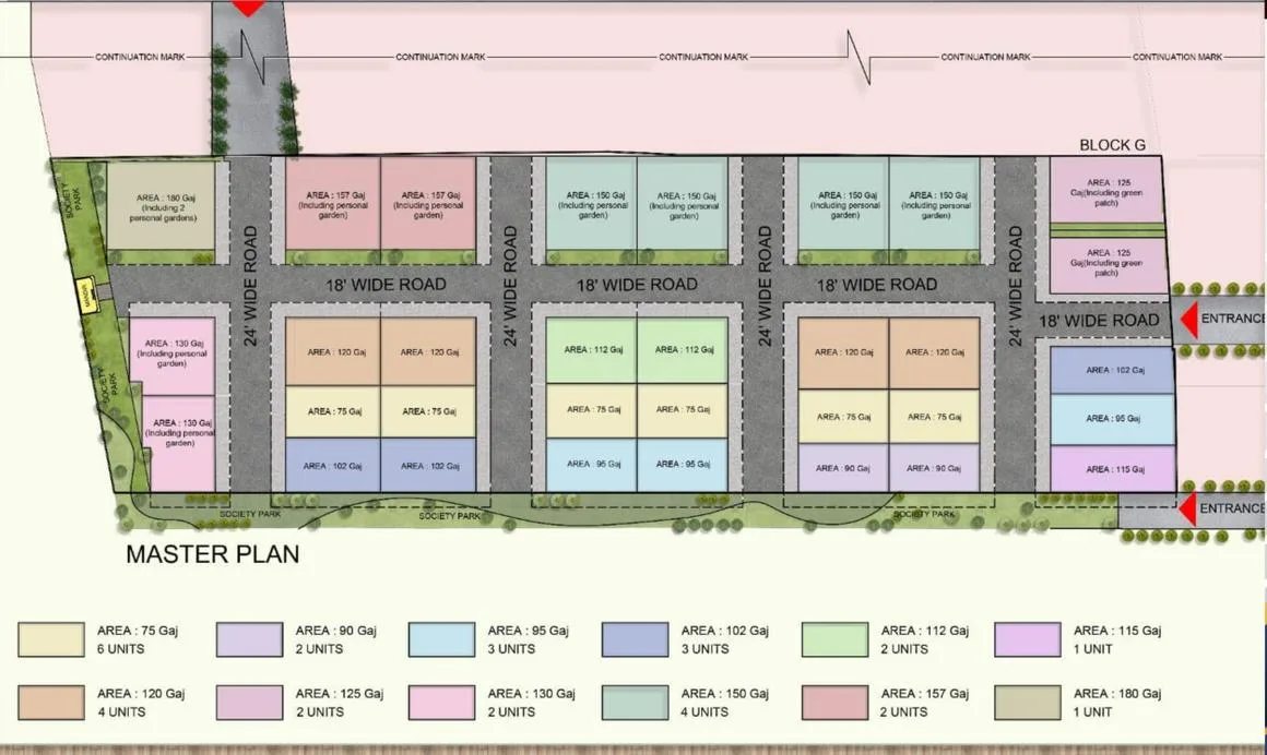 Rohin City Site Villa — Master plan showing plot layouts with varying areas, roads, society park, and entrances.