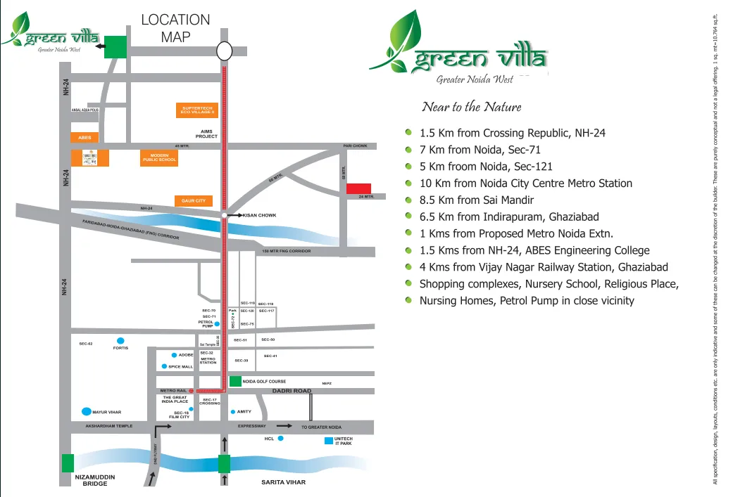 Kingson Green Villa location map with distance callouts to Crossings Republik and NH-24