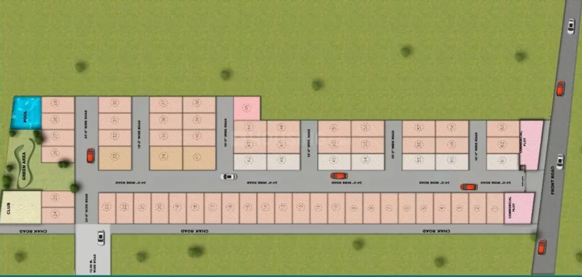 Aambesten Twin Clarus — Site plan of a residential villa project showing plot layouts, roads, green area, club, and pool.