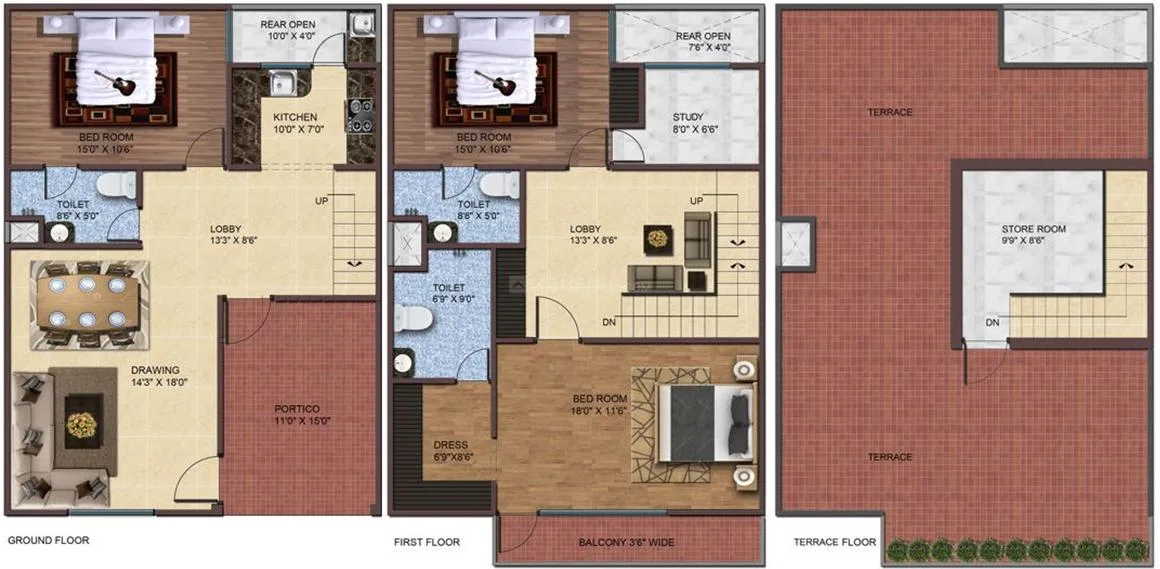 AKJ Real Infra Novel Valley — Floorplan showcasing ground, first, and terrace levels with bedrooms, kitchen, lobby, and terrace areas.