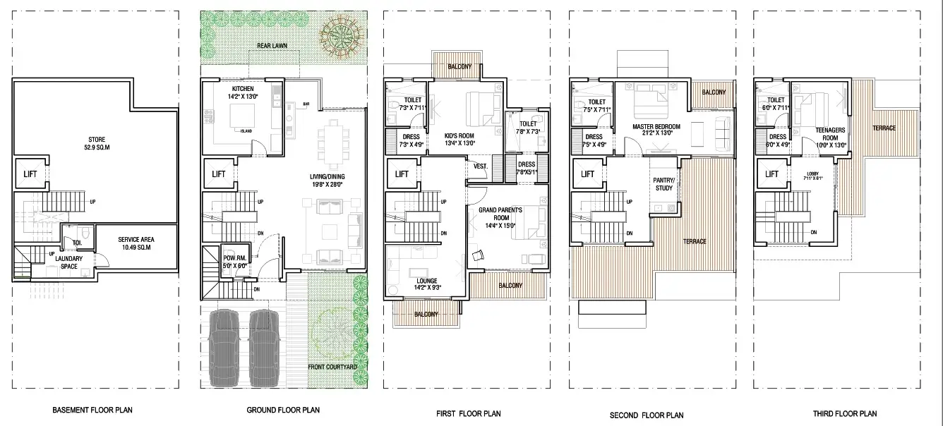 Godrej Crest B+G+3 villa floor plans with rear lawn, dedicated grandparent's and teenager's rooms.