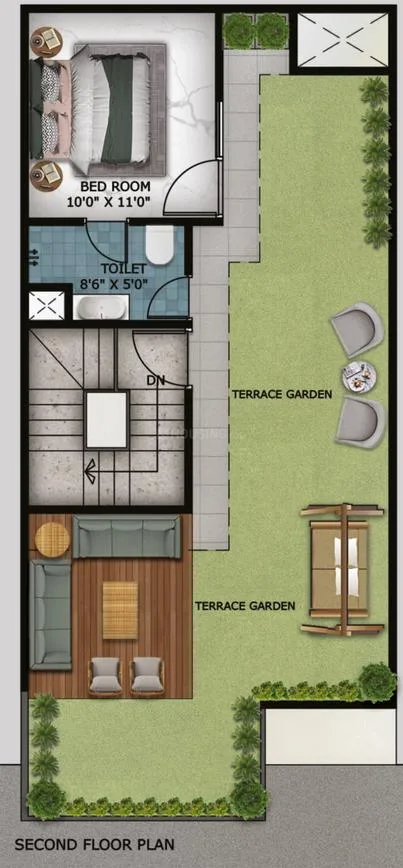 Ashoka Raj Villas — Second floor plan with one bedroom, toilet, terrace garden, and living area on the right