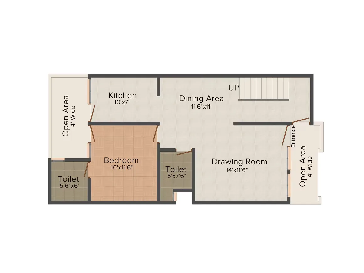 Supertech Holiday Village — Floorplan showing a bedroom, two toilets, kitchen, dining area, drawing room, and two open areas.