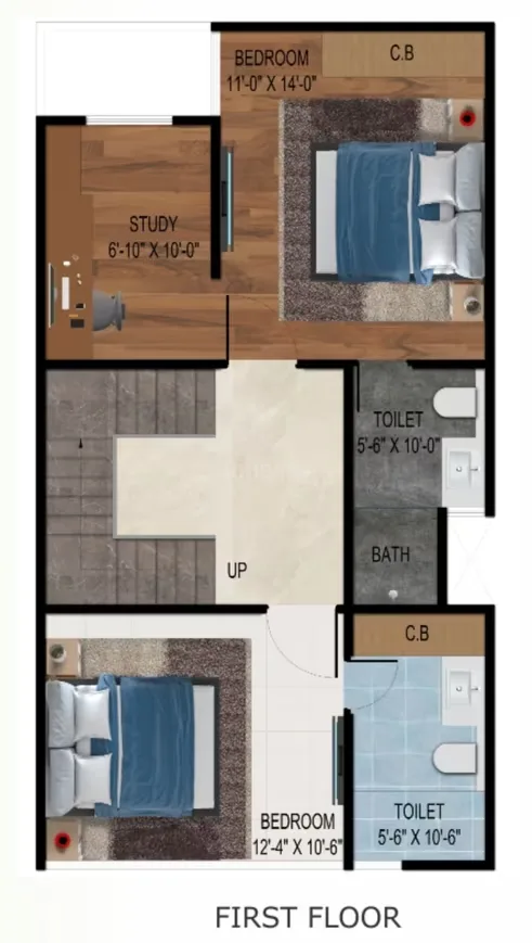 Real Homez Green Villa 2 — First floor plan showing two bedrooms, a study, stairs, and two bathrooms with dimensions.