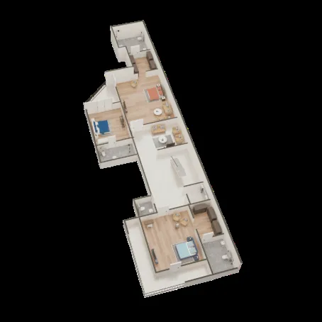 Jaypee Greens Villas — 3D render of a residential floor plan showing multiple rooms, bedrooms with beds, living areas with furniture, and bathrooms.
